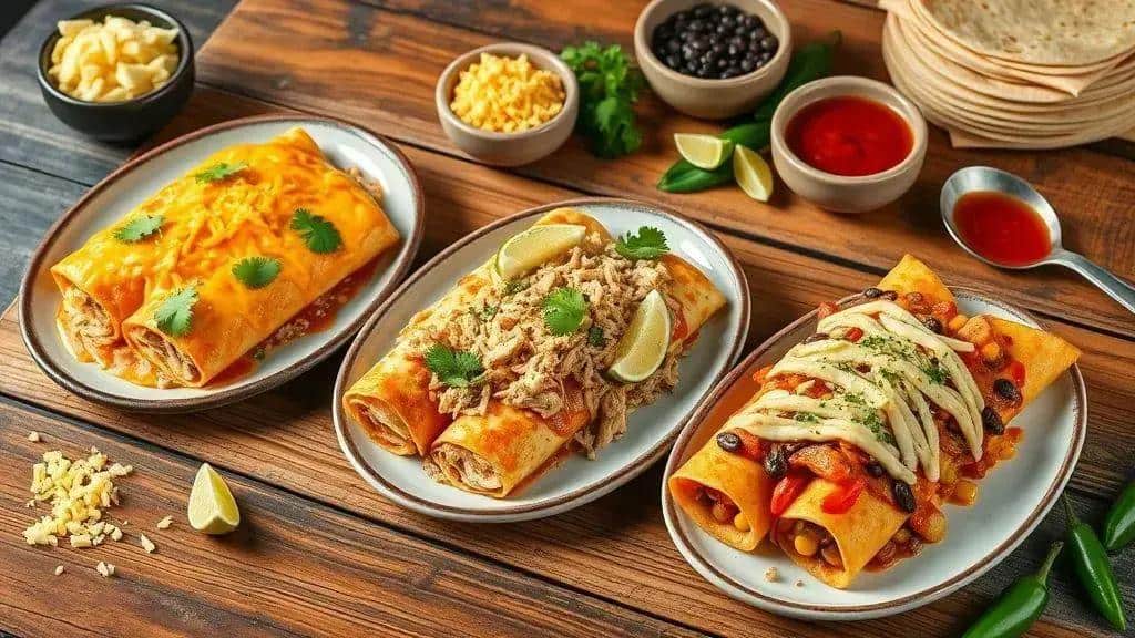 Variações das enchiladas de carne (queijo, frango, vegetariana) Variações das enchiladas de carne (queijo, frango, vegetariana)