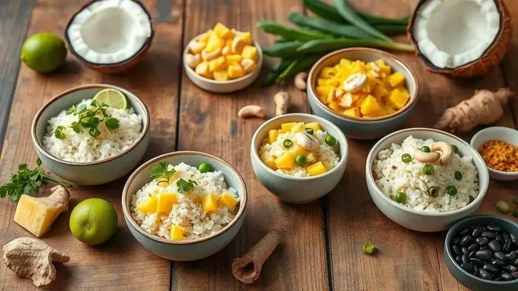 Variações do arroz com leite de coco para diferentes acompanhamentos Variações do arroz com leite de coco para diferentes acompanhamentos