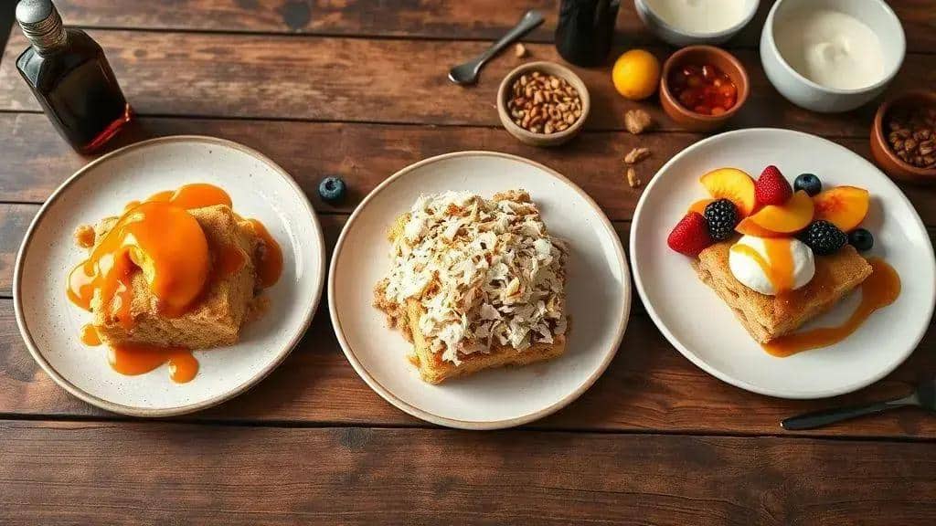 Variações do bread pudding com molho de rum (sem álcool, vegana, com frutas)