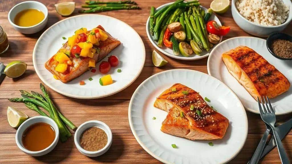Variações do Grilled Salmon with Mango Salsa (marinadas e acompanhamentos)