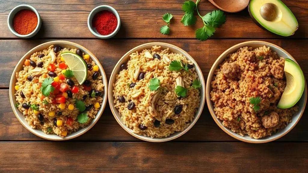 Variações do Tex-Mex Rice: vegana, com frango e com carne