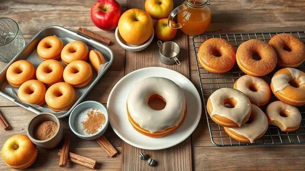 Variações dos donuts de sidra de maçã (assar, vegano, coberturas)
