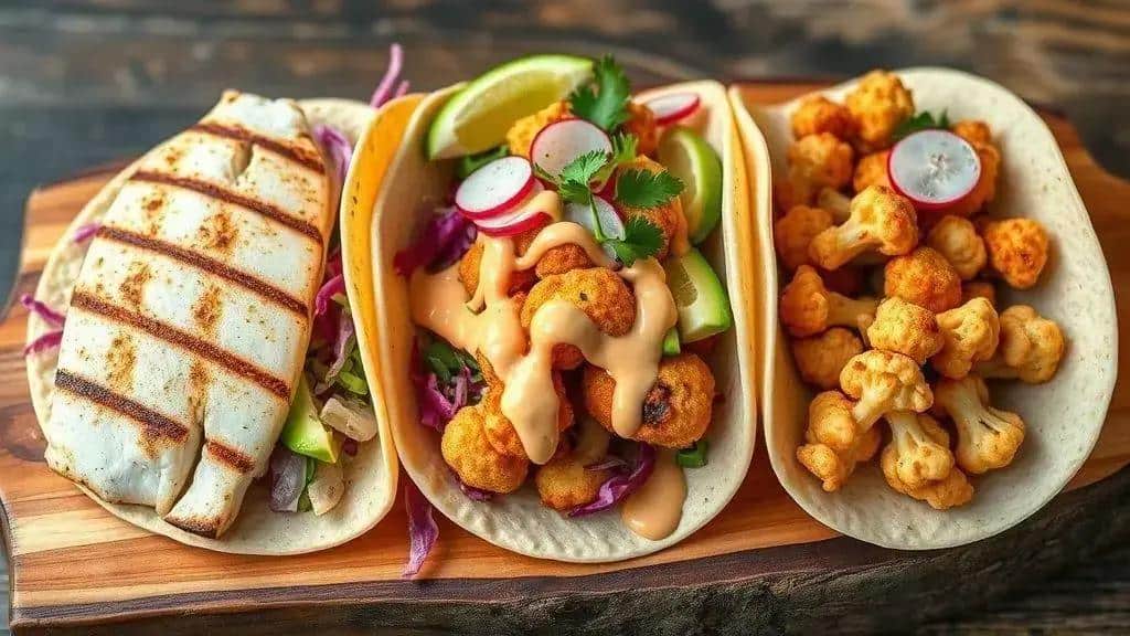 Variações dos fish tacos: grelhado, frito e vegetariano