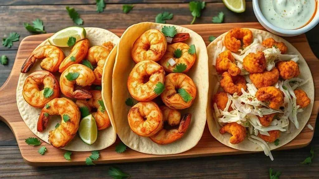 Variações dos tacos de camarão: grelhado, empanado e vegano