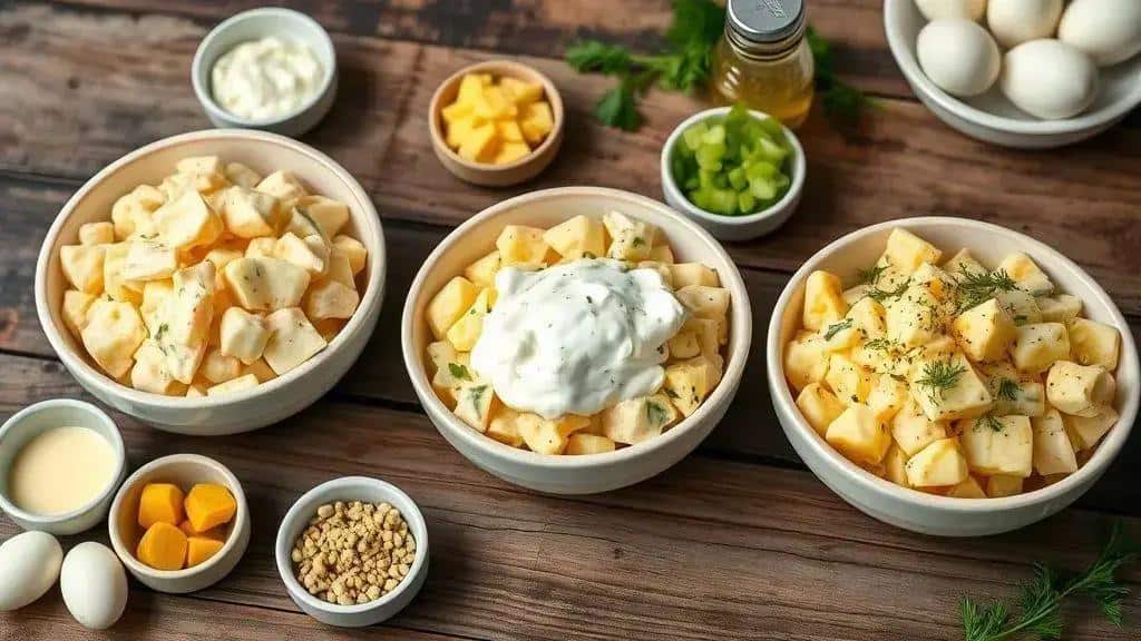 Variations of Midwest potato salad: mayo, mustard and herb options