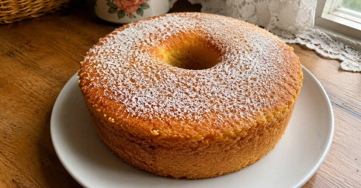 Bolo amanteigado da vovó inteiro sobre prato de cerâmica branca em mesa de madeira rústica