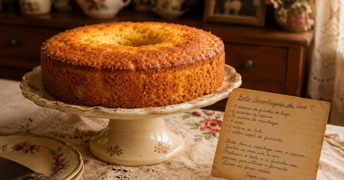 Bolo amanteigado sobre boleira de cerâmica antiga ao lado de ficha de receita manuscrita em cozinha com visual retrô