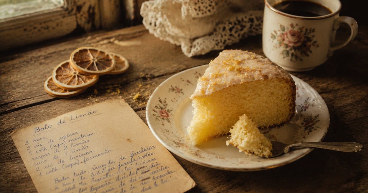 Fatia de bolo de limão úmido em prato de porcelana floral ao lado de xícara de café e cartão de receita manuscrito sobre mesa de madeira antiga com luz dourada