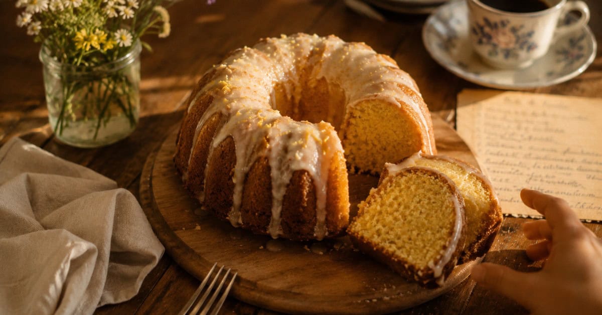 Bolo de limão fofinho fatiado sobre tábua de madeira com duas fatias servidas ao lado, cobertura de cream cheese derretida, flores e guardanapo de linho na mesa