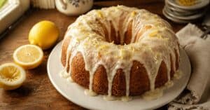 Bolo de limão fofinho com cobertura de cream cheese escorrendo pelas laterais, decorado com raspas de limão, servido em prato branco sobre mesa de madeira