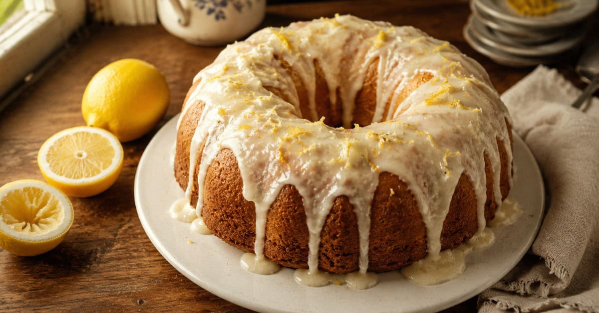 Bolo de limão fofinho com cobertura de cream cheese escorrendo pelas laterais, decorado com raspas de limão, servido em prato branco sobre mesa de madeira