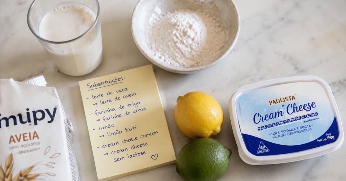 Ingredientes alternativos para bolo de limão dispostos sobre superfície de mármore: leite de aveia, farinha de arroz, limão siciliano e cream cheese sem lactose