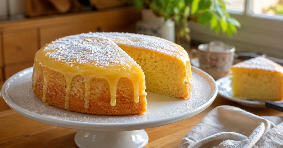 Bolo de maisena inteiro em um suporte branco com glacê de limão escorrendo pelas laterais e uma fatia cortada mostrando o interior fofinho