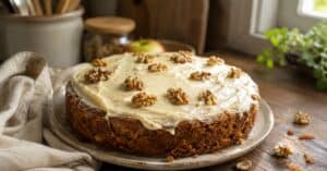 Bolo de nozes com cenoura e maçã coberto com cream cheese e nozes inteiras sobre mesa de madeira rústica