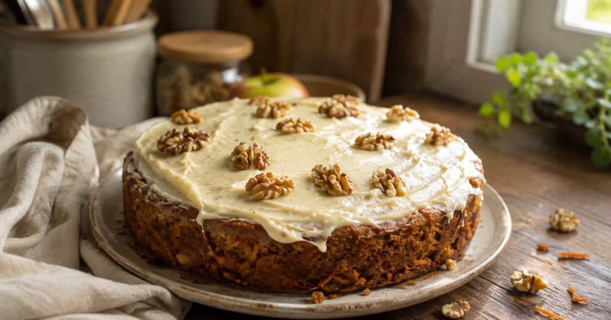 Bolo de nozes com cenoura e maçã coberto com cream cheese e nozes inteiras sobre mesa de madeira rústica
