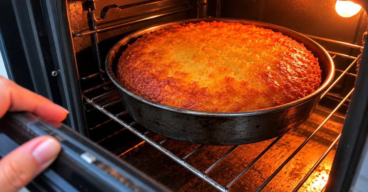 Bolo de mandioca dourado dentro do forno com cobertura brilhosa e mão segurando a porta semi-aberta para verificar o ponto