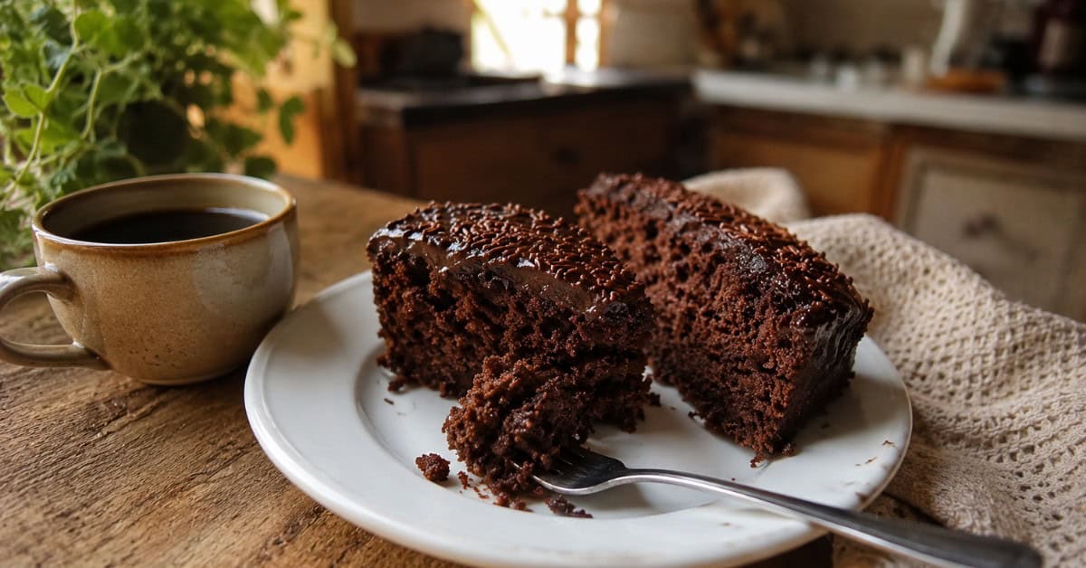 Duas fatias de Bolo Nega Maluca sem açúcar em prato branco ao lado de xícara de café preto, com garfo e mordida aparente, luz natural suave de cozinha aconchegante