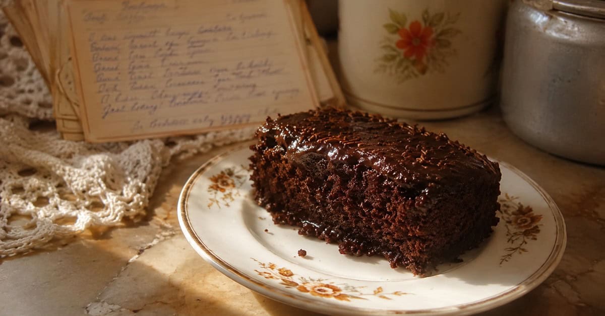 Fatia de bolo de chocolate úmido em prato de cerâmica vintage com ficha de receita manuscrita desfocada ao fundo, luz de tarde quente e estética retrô dos anos 80