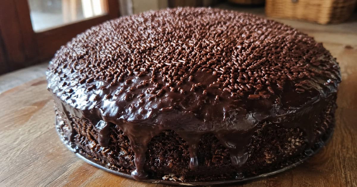 Bolo Nega Maluca sem açúcar inteiro com cobertura de ganache de chocolate e granulado, sobre mesa de madeira rústica com luz natural