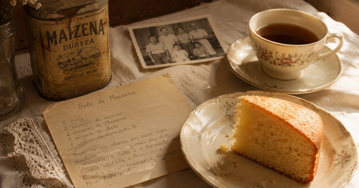 Receita manuscrita antiga de bolo de maisena ao lado de lata vintage de amido de milho, fatia do bolo em prato de cerâmica e xícara de chá sobre toalha de linho com luz dourada