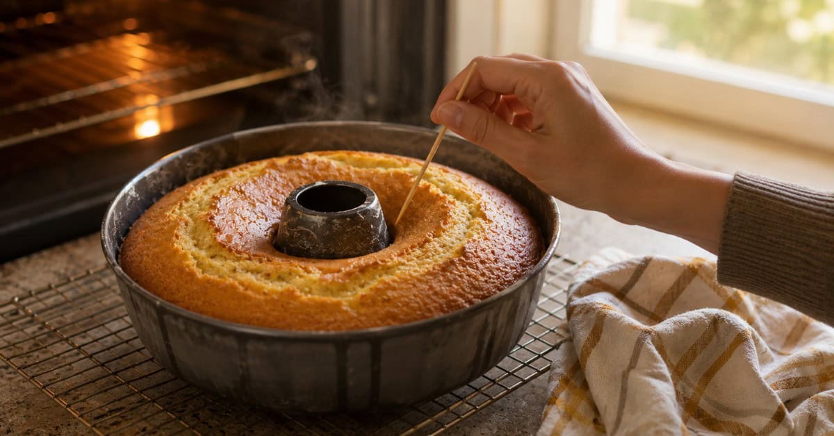 Mão fazendo o teste do palito em bolo de maisena recém assado ainda na forma sobre grade de resfriamento com vapor saindo