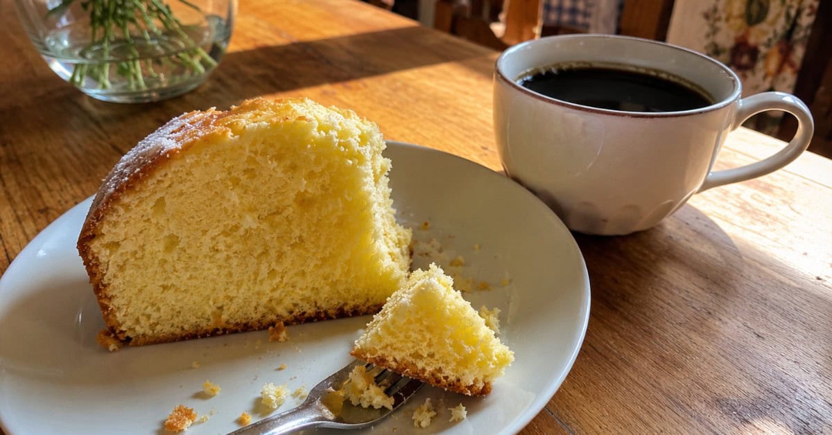 Fatia de bolo de maisena em prato branco com garfo e mordida já dada ao lado de xícara de café preto sobre mesa de madeira com luz natural