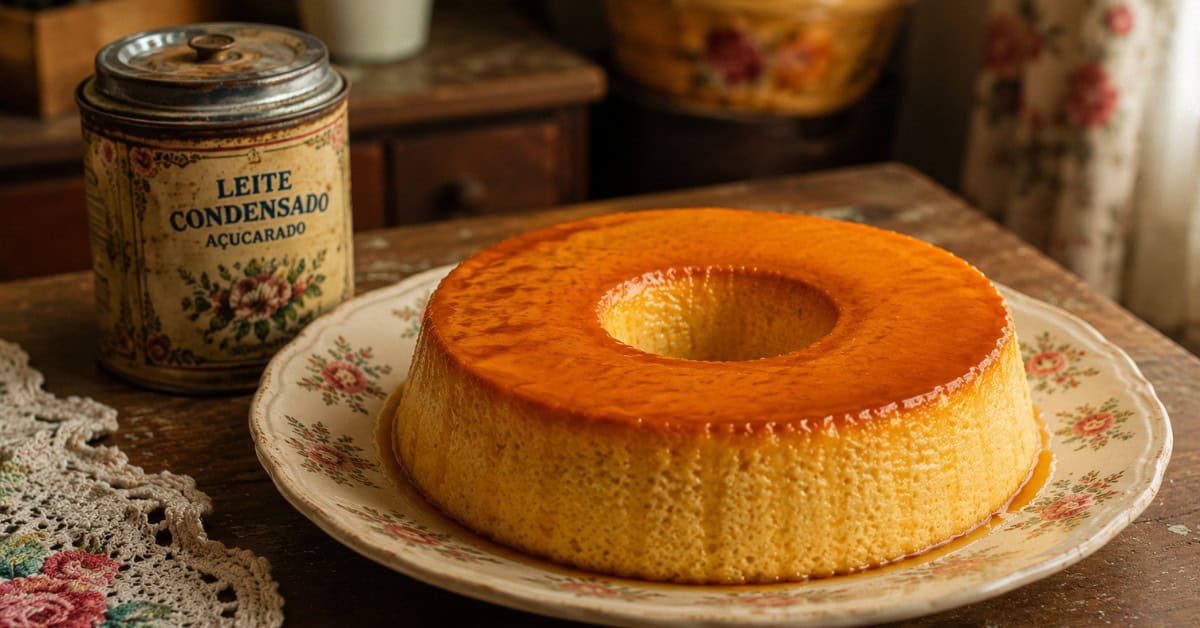 Pudim de leite furadinho em prato de louça floral sobre mesa de madeira antiga com lata de leite condensado ao lado em ambiente de cozinha retrô