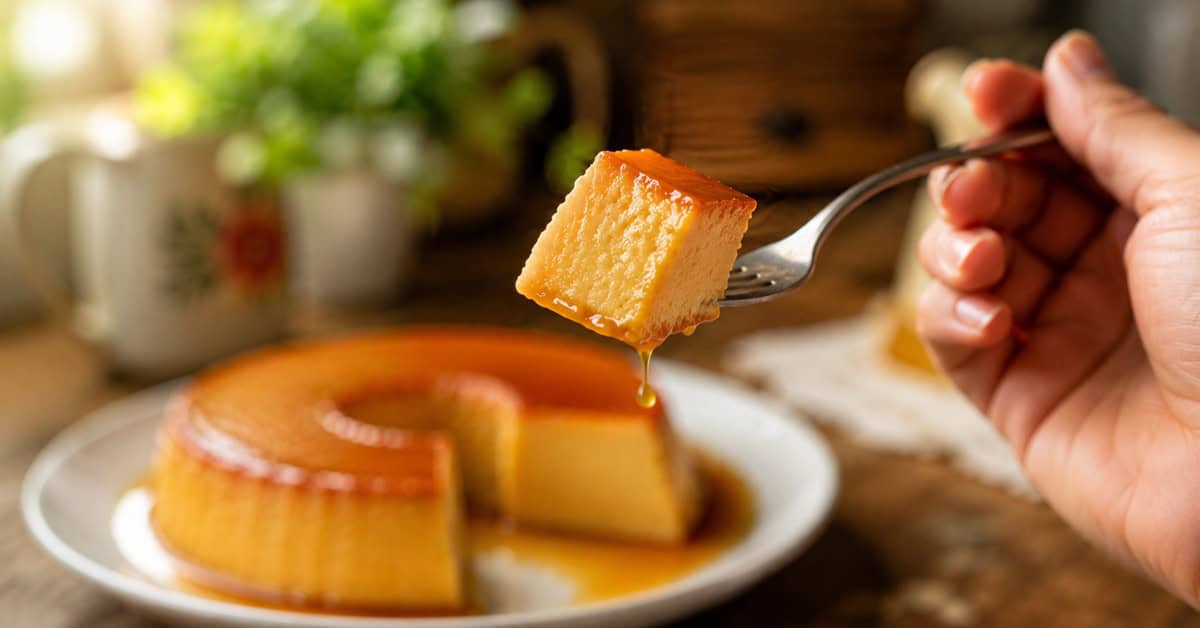 Mão segurando garfo com pedaço de pudim de leite furadinho, calda de caramelo escorrendo, fundo desfocado com o restante do pudim no prato