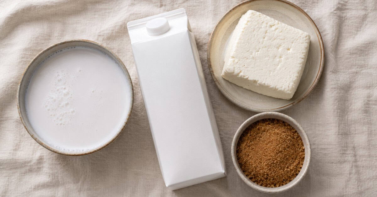 Vista de cima com potinhos e ingredientes variados sobre pano de linho: leite de coco, leite sem lactose, queijo coalho e açúcar mascavo