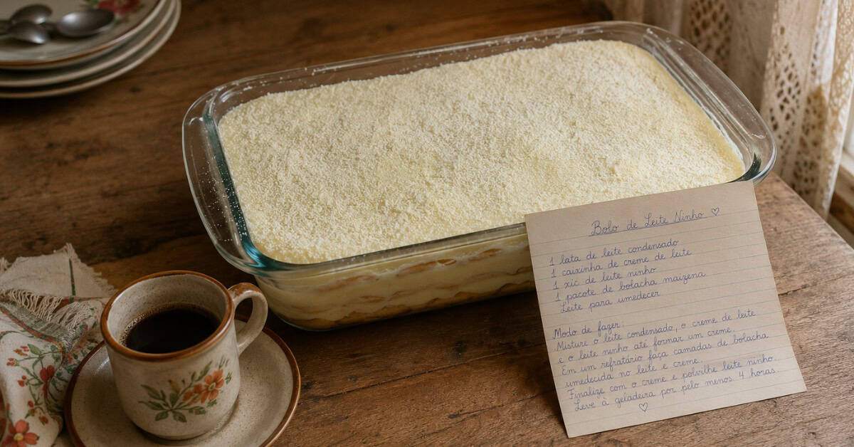 Torta alemã de leite ninho inteira em refratário sobre mesa rústica com receita manuscrita e xícara de café ao lado