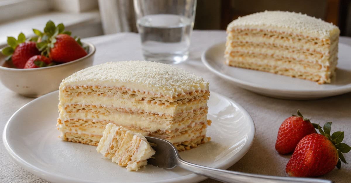 Duas fatias de torta alemã de leite ninho servidas em pratos brancos com morangos frescos e luz natural