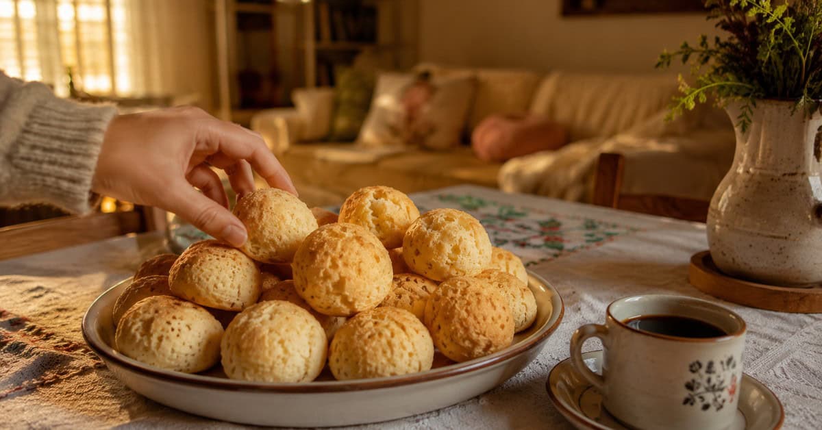Prato cheio de biscoitos de polvilho recém-assados sobre mesa de jantar com café ao lado e mão alcançando um biscoito