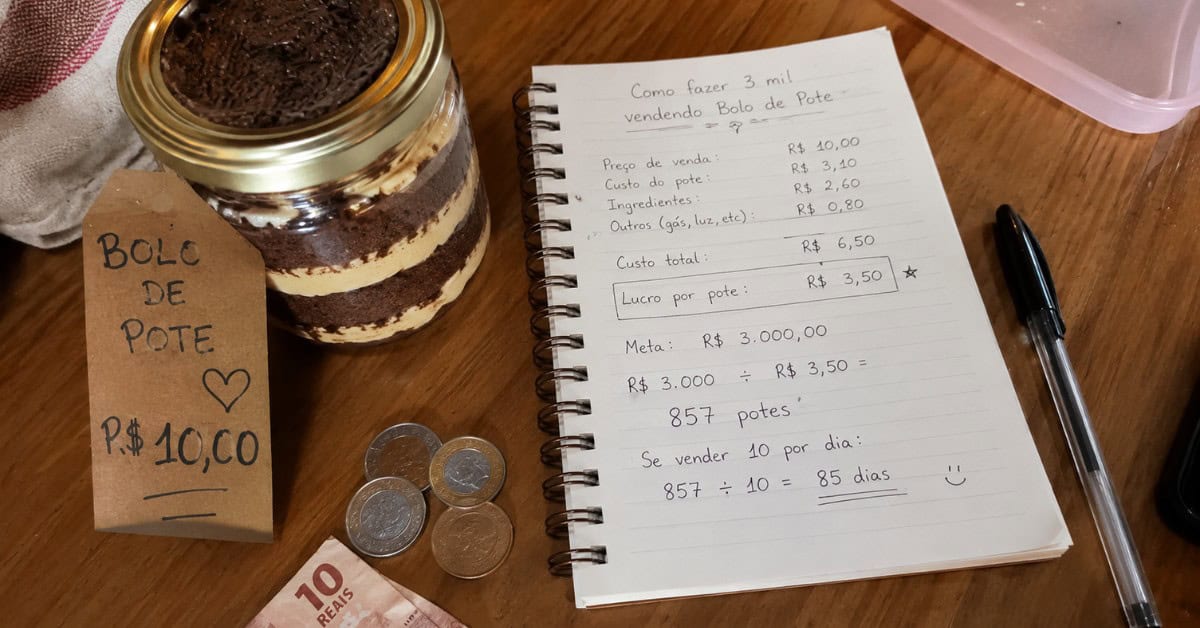 Etiqueta de preço artesanal encostada em pote de bolo ao lado de caderno com cálculos e cédulas de real