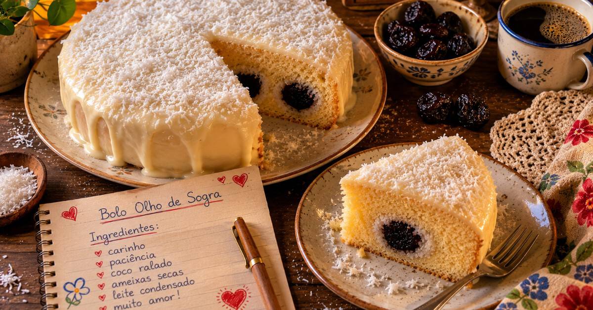 Bolo Olho de Sogra inteiro sobre mesa rústica escura ao lado de ficha de receita manuscrita, ameixas pretas e xícara de café desfocada