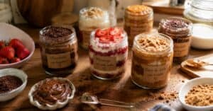Vendendo Bolo de Pote artesanal com diferentes sabores sobre bancada de madeira rústica em cozinha caseira
