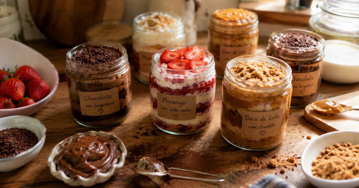 Vendendo Bolo de Pote artesanal com diferentes sabores sobre bancada de madeira rústica em cozinha caseira