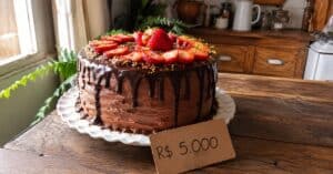 Bolo caseiro com ganache de chocolate e morangos frescos sobre mesa de madeira, com etiqueta escrita à mão mostrando R$ 5.000