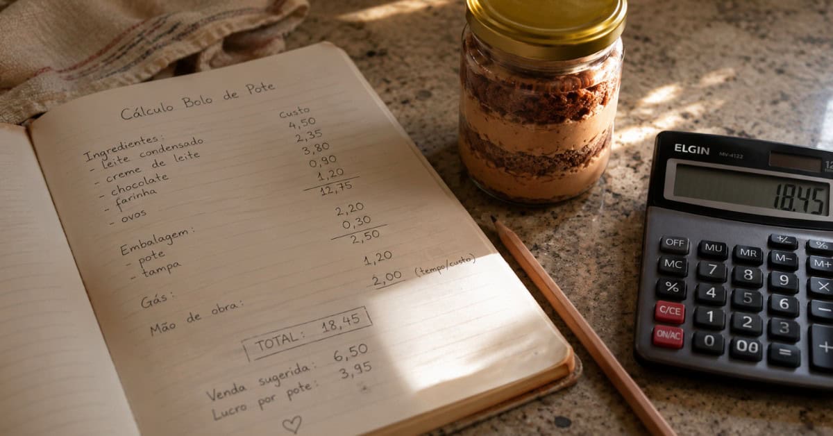 Caderno com planilha de custos manuscrita ao lado de pote de bolo de pote e calculadora sobre bancada de cozinha