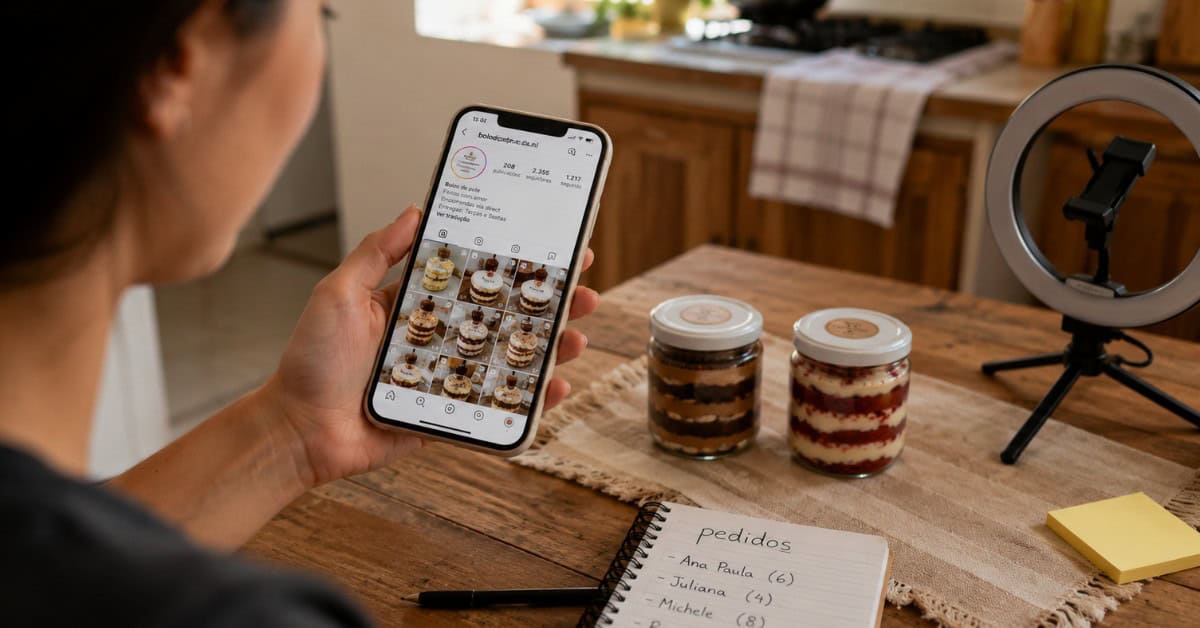 Mãos segurando celular com feed do Instagram de bolos de pote sobre mesa com dois potes e caderno de pedidos