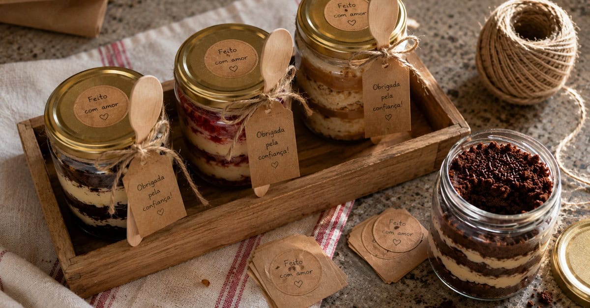 Bandeja de madeira com três potes de bolo decorados com etiqueta kraft, colher de madeira e lacre personalizado prontos para entrega