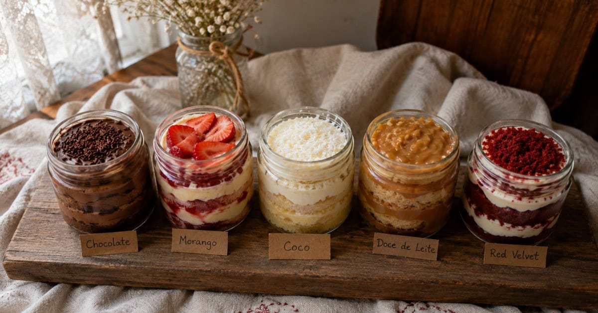 Cinco potes de bolo de pote alinhados em tábua rústica com sabores diferentes visíveis através do vidro