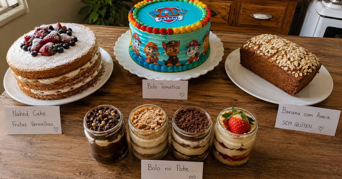 Quatro tipos de bolo caseiro sobre mesa de madeira com etiquetas escritas à mão: bolo naked com frutas, bolo temático colorido, bolo integral de banana e bolos no pote