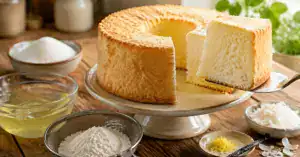 Fatia revelando miolo aerado e fofo que ilustra a Receita de Bolo de Anjo com claras, açúcar, farinha peneirada e raspas de