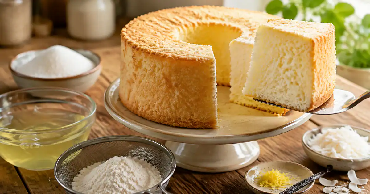 Fatia revelando miolo aerado e fofo que ilustra a Receita de Bolo de Anjo com claras, açúcar, farinha peneirada e raspas de