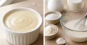 Manjar de coco cremoso em ramequim branco sobre madeira clara, iluminação suave pela janela esquerda e creme liso
