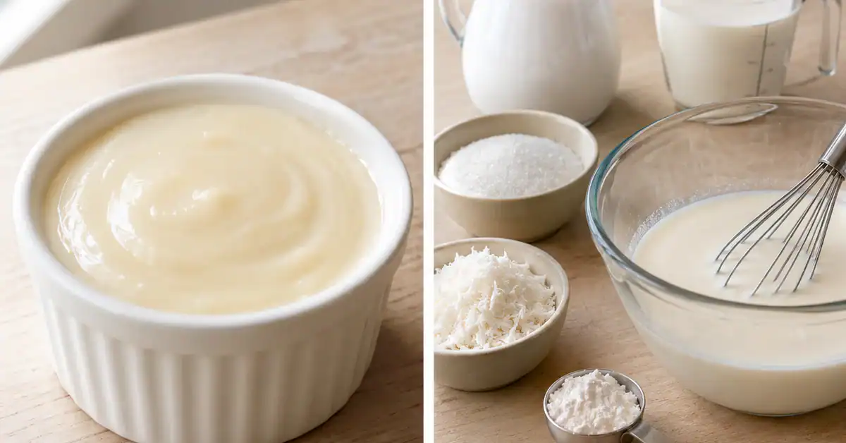 Manjar de coco cremoso em ramequim branco sobre madeira clara, iluminação suave pela janela esquerda e creme liso