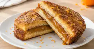 Prato de Rabanada com Doce de Leite no recheio, crosta de açúcar e canela, raspas de laranja, iluminação suave à esquerda