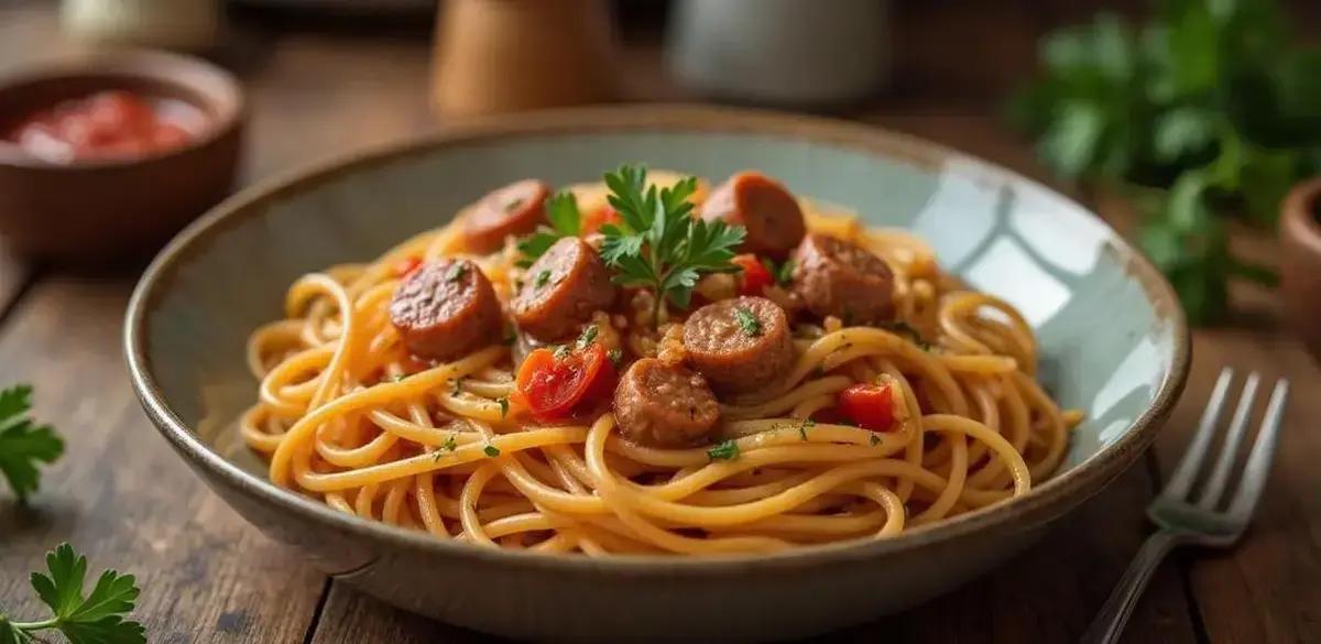 Macarrão com linguiça muito saboroso que minha tia prepara