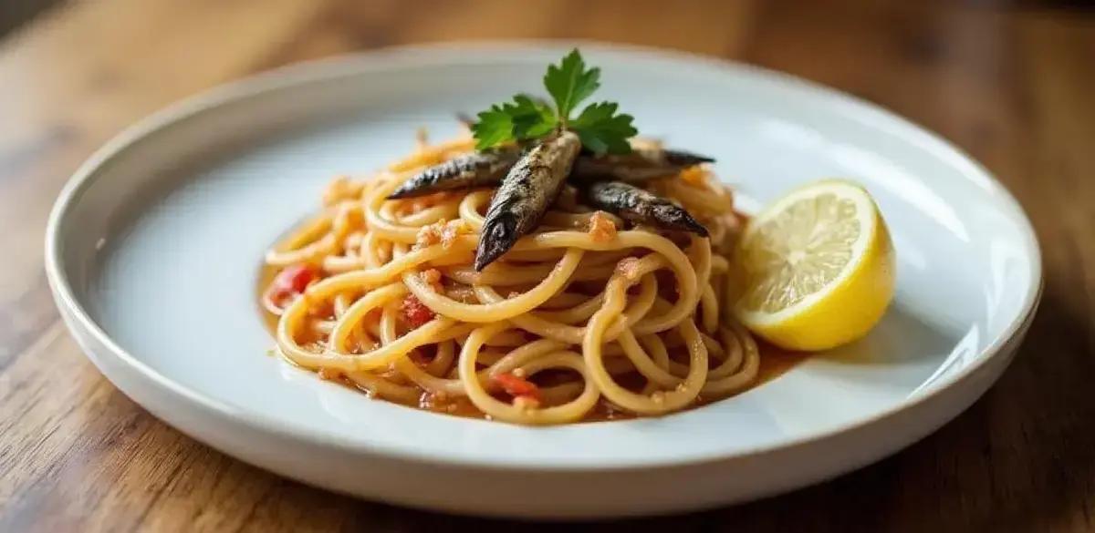 Macarrão com molho de sardinha com um sabor marcante